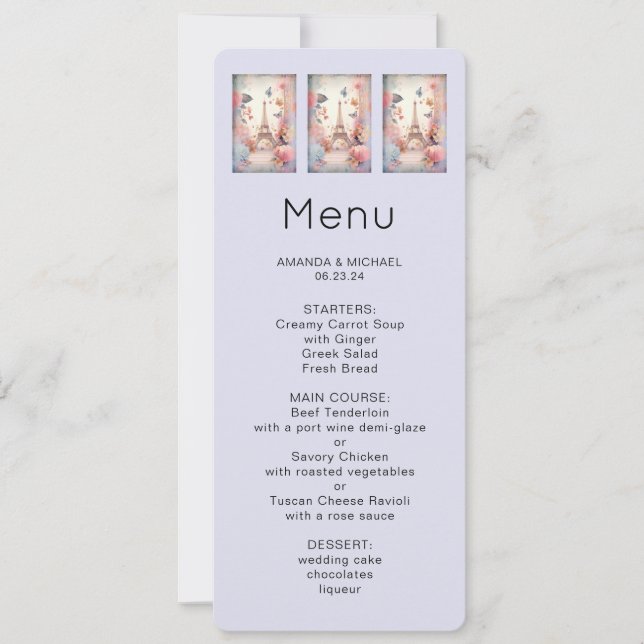 Invitación  Eiffel Tower Butterflies and Flowers Menu (Anverso)