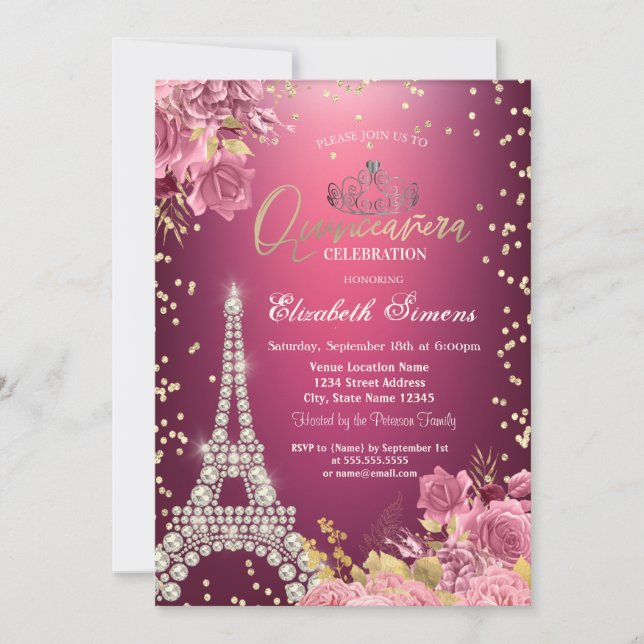 Invitación Eiffel Tower Diamonds Roses Red Quinceanera (Anverso)