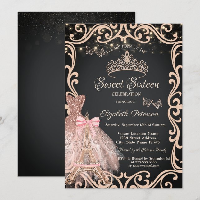 Invitación Eiffel Tower Frame Dress Glitter Butterfly  (Anverso / Reverso)
