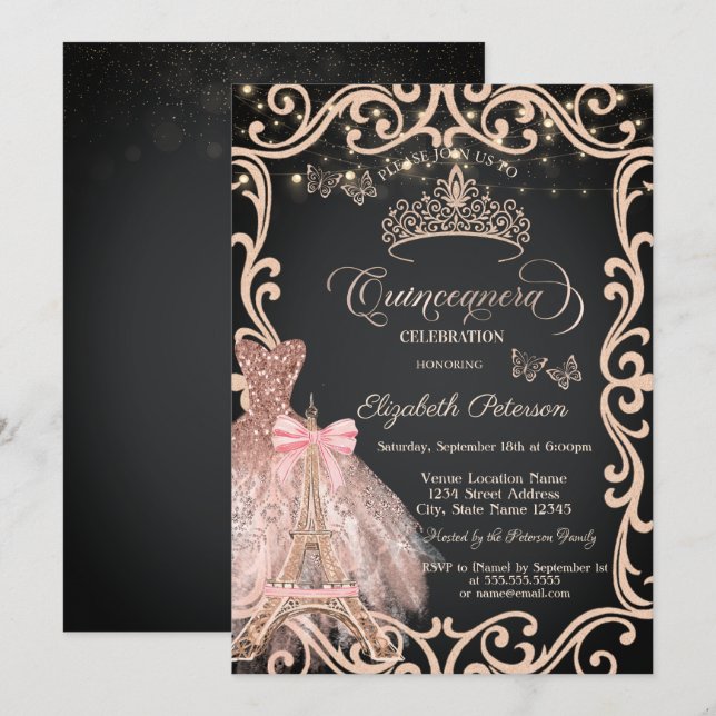 Invitación Eiffel Tower Frame Dress Glitter Butterfly  (Anverso / Reverso)