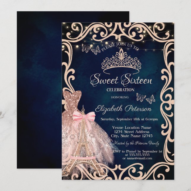Invitación Eiffel Tower Frame Dress Glitter Butterfly Blue (Anverso / Reverso)