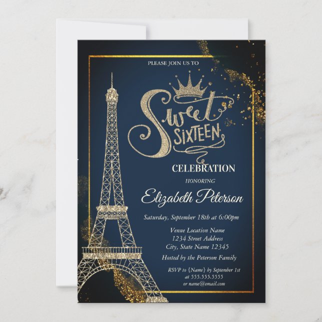 Invitación Eiffel Tower Navy Gold Blue Sweet 16 (Anverso)