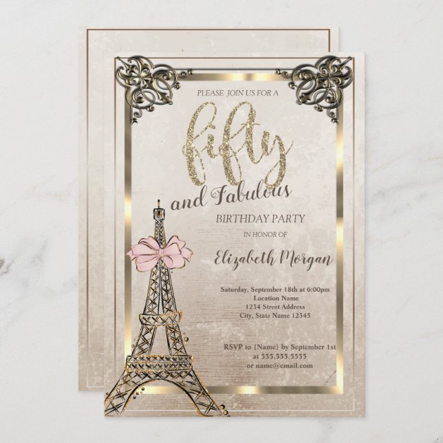 Invitación Eiffel Tower,Pink Bow Border 50th Birthday Party  (Anverso / Reverso)