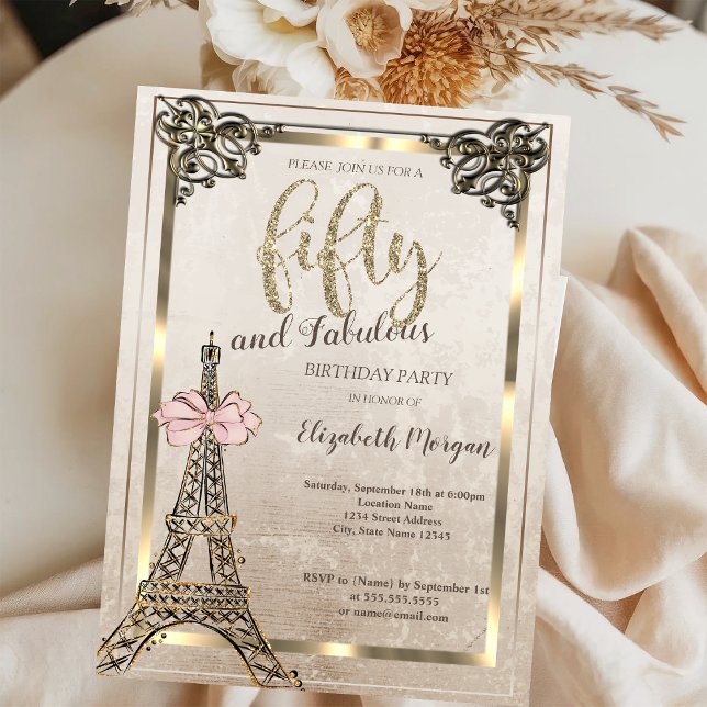 Invitación Eiffel Tower,Pink Bow Border 50th Birthday Party  (Subido por el creador)