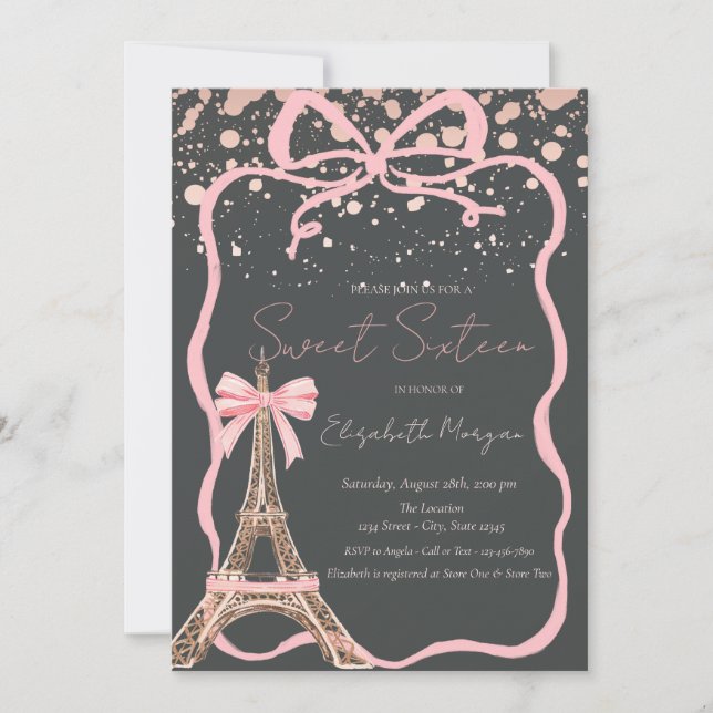Invitación Eiffel Tower Pink Bow Dots Gray Sweet 16 (Anverso)