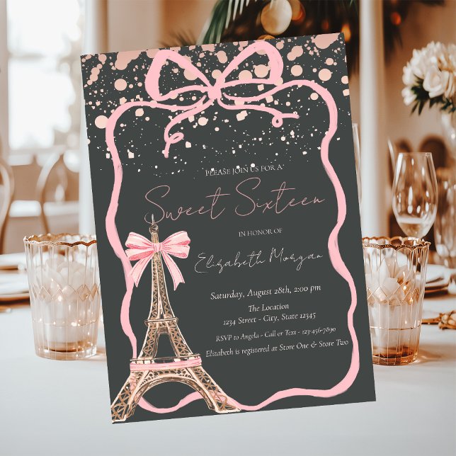 Invitación Eiffel Tower Pink Bow Dots Gray Sweet 16 (Subido por el creador)