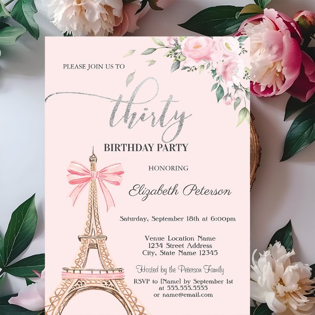 Invitación Eiffel Tower Pink Bow Flowers 30th Birthday (Subido por el creador)