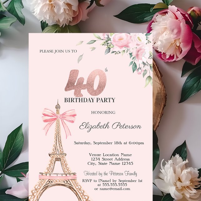 Invitación Eiffel Tower Pink Bow Flowers 40th Birthday (Subido por el creador)