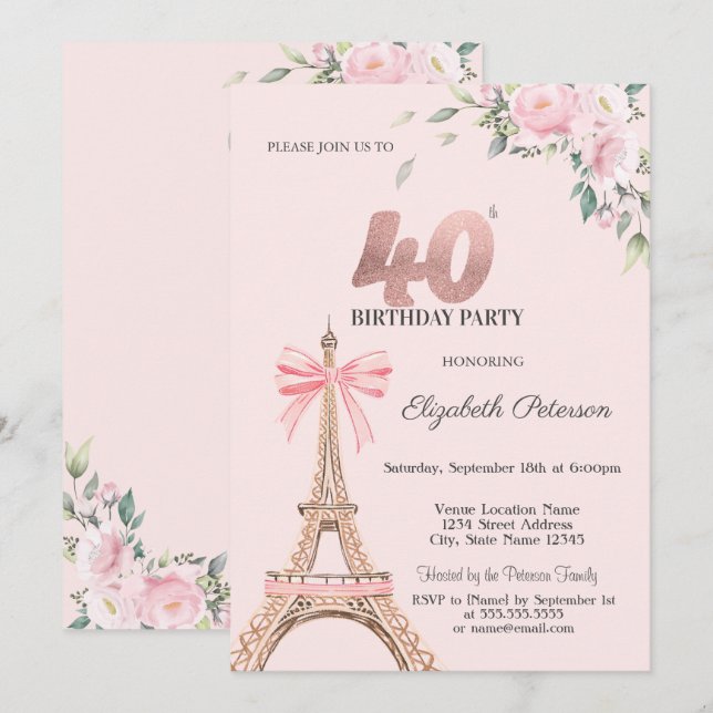 Invitación Eiffel Tower Pink Bow Flowers 40th Birthday (Anverso / Reverso)