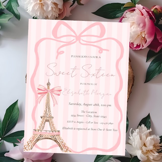 Invitación Eiffel Tower Pink Bow Pink Stripes Sweet 16 (Subido por el creador)