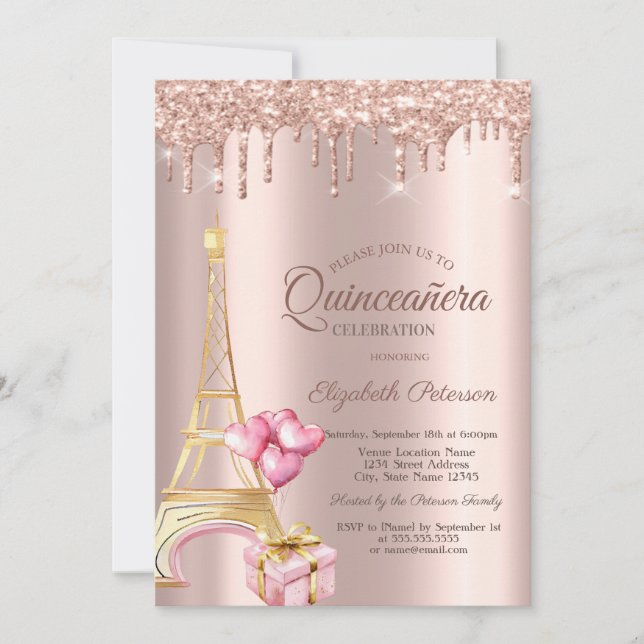 Invitación Eiffel Tower Present Balloons Rose Gold Drips  (Anverso)