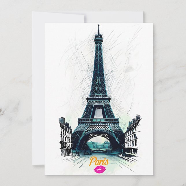 Invitación Eiffel Tower Sketch Print, Line Drawing, Paris (Anverso)
