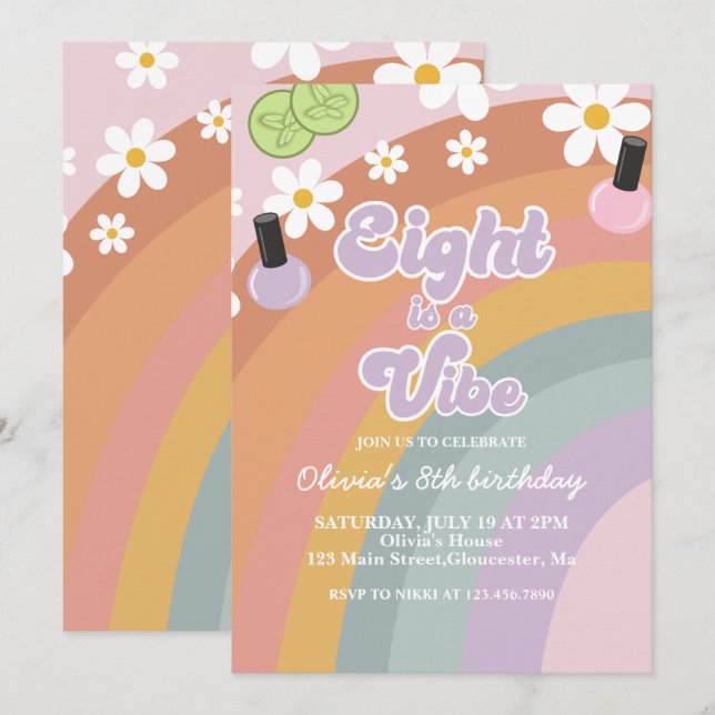 Invitación Eight es una vibra Spa Arcoíris Cumpleaños 8 (Anverso / Reverso)