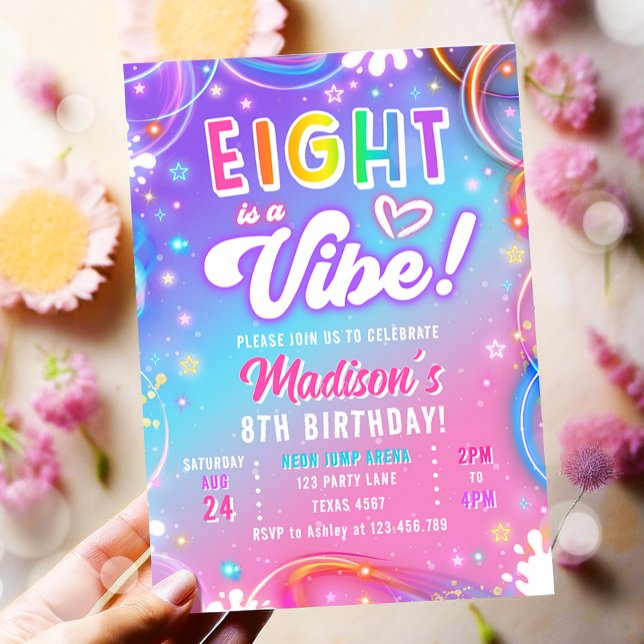 Invitación Eight is a Vibe Retro Groovy Neon Girl Birthday (Subido por el creador)