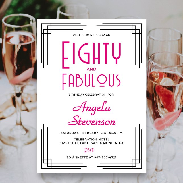 Invitación Eighty and Fabulous Pink Art Deco 80th Birthday (Eighty and Fabulous Photo Pink Art Deco 50th Birthday Invitation with art deco corners, her name.)