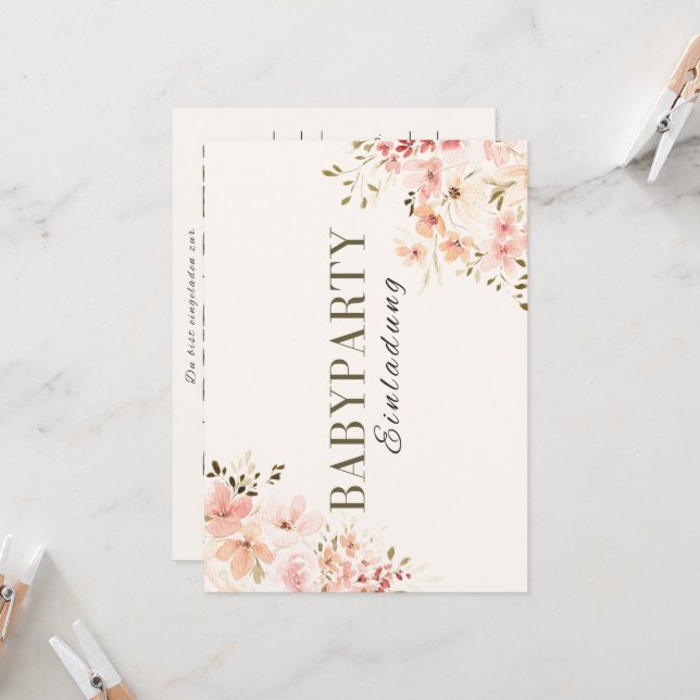 Invitación Einladung Babyparty – Rosa Blumen Babyshower (Anverso/Reverso In Situ)