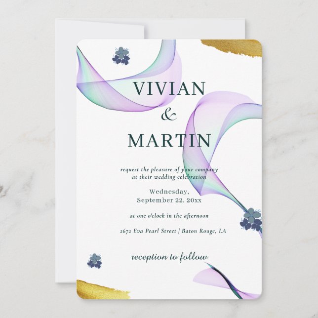 Invitación Ejemplo clásico boda verde púrpura (Anverso)