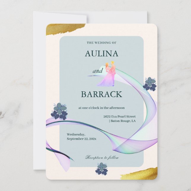 Invitación Ejemplo clásico boda verde púrpura (Anverso)