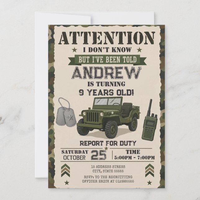Invitación Ejército de soldado personalizado fiesta de cumple (Anverso)