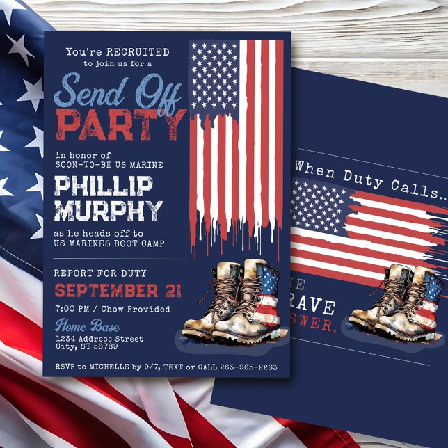 Invitación Ejército despide a Fiesta de botes de bandera esta (Navy blue USA drip flag boot camp US military Marines Air Force Army going away party invitation)