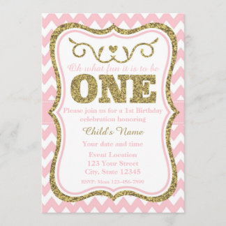 Invitación El 1r cumpleaños del purpurina rosado del oro