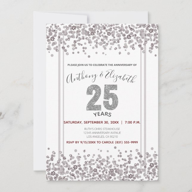 Invitación El 25 aniversario del Confetti plateado al estilo  (Anverso)