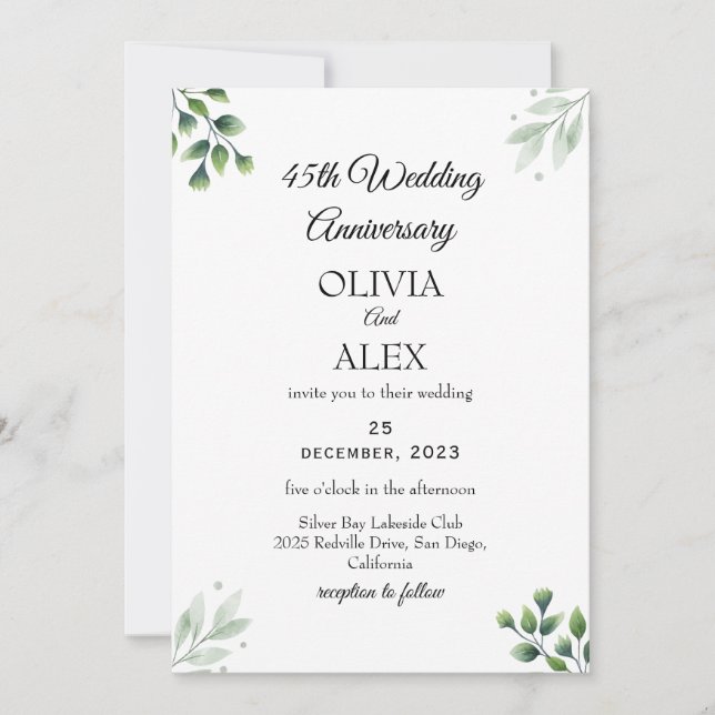 Invitación El 45º aniversario del patrón de la hoja verde (Anverso)