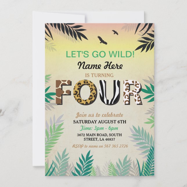 Invitación El 4to PARQUE ZOOLÓGICO del safari de la fiesta de (Anverso)