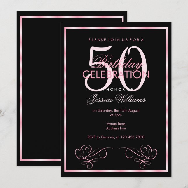 Invitación El 50 aniversario de las mujeres con marco rosa y  (Anverso / Reverso)