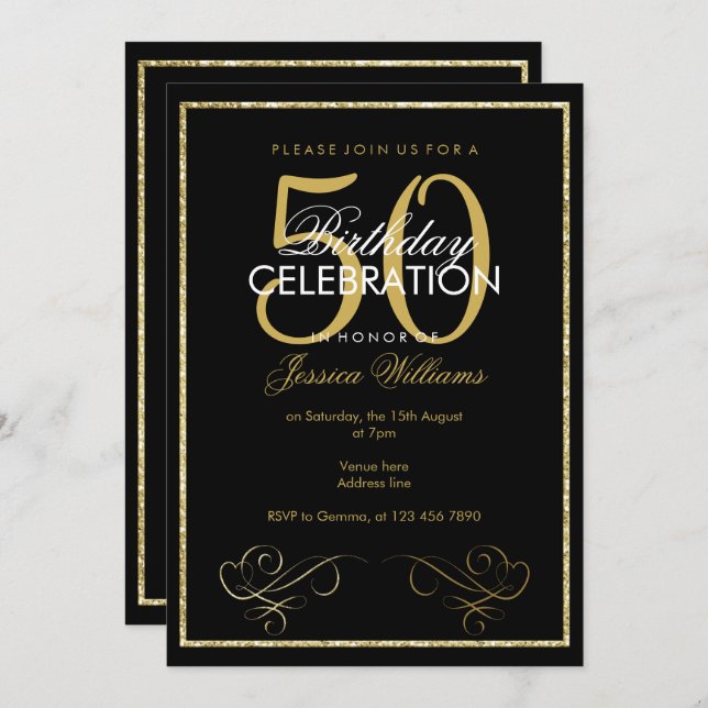 Invitación El 50.o cumpleaños del oro del purpurina de las (Anverso / Reverso)
