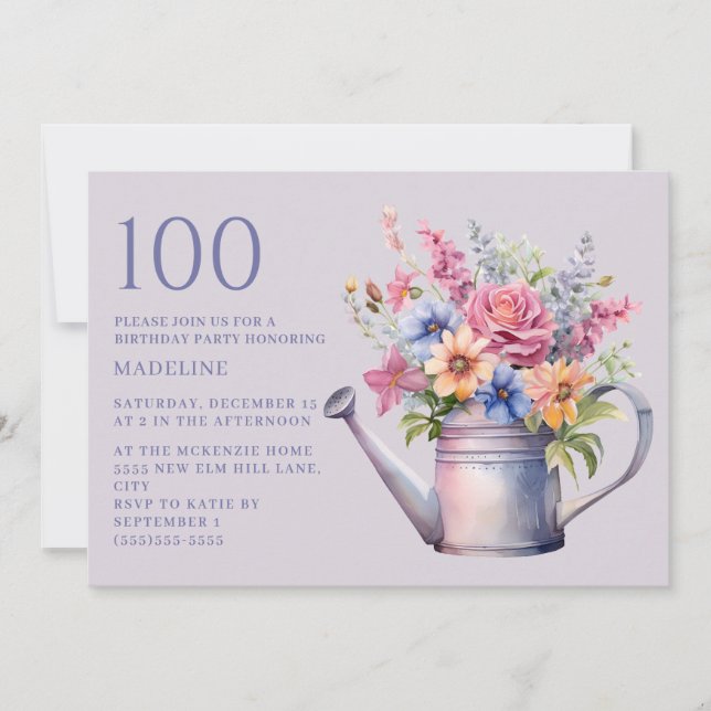 Invitación El agua morada con flores puede cumplir 100 años (Anverso)