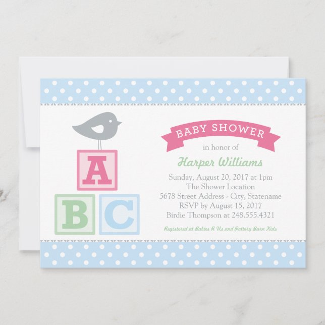 Invitación El alfabeto ABC bloquea Baby Shower rosa y azul (Anverso)