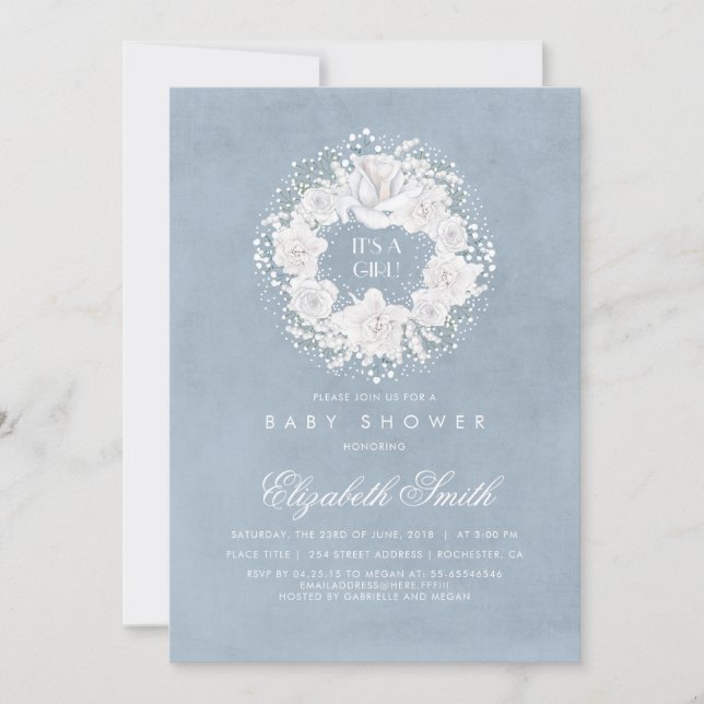 Invitación El aliento del bebé, un Baby Shower floral azul tu (Anverso)