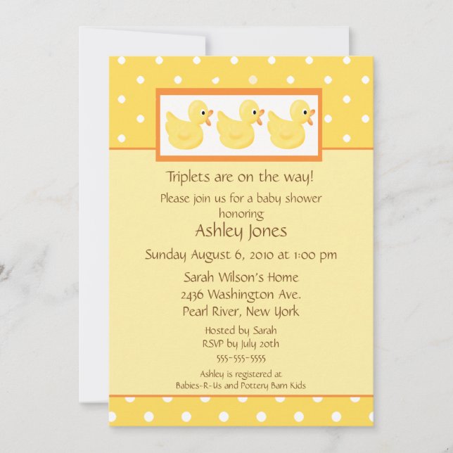 Invitación El amarillo Ducks los tríos Baby Shower (Anverso)