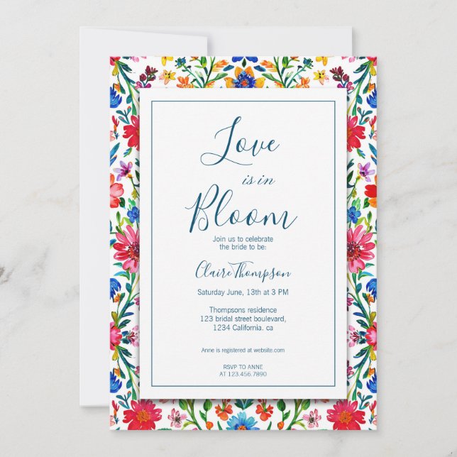 Invitación El amor en Bloom Blue floral Bridal Shower (Anverso)