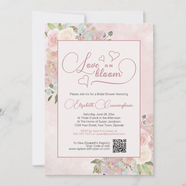 Invitación El amor en Bloom Floral Rosa Ducha Bridal Código Q (Anverso)