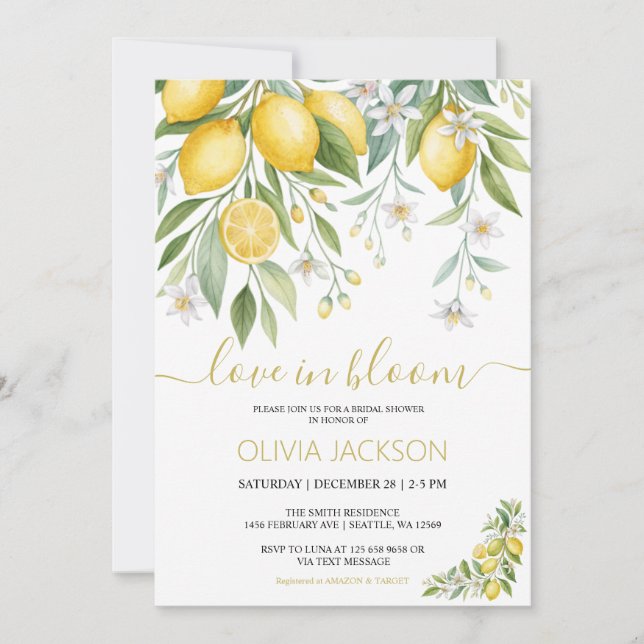 Invitación El amor en flor | Lemon Blossom Bridal Shower (Anverso)
