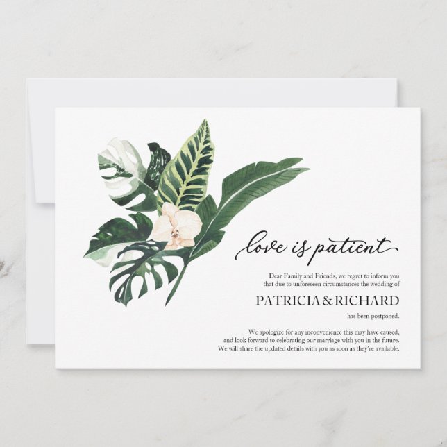 Invitación El amor es paciente aplazamiento de boda tropical (Anverso)