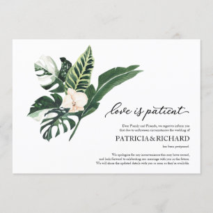 Invitación El amor es paciente aplazamiento de boda tropical