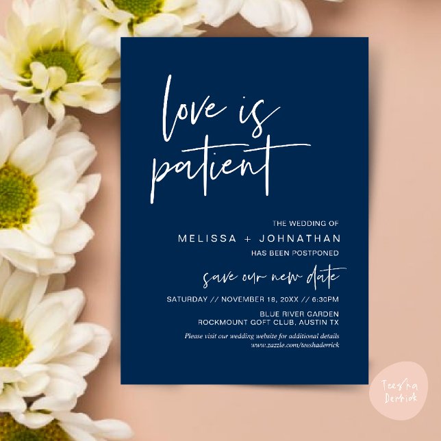 Invitación El amor es paciente, cambia nuestra nueva fecha Bo (Minimalist, Love is patient, Romantic Wedding Change the new date card PDF in navy Blue)