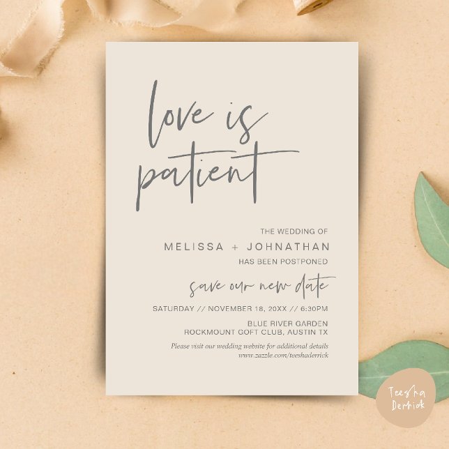 Invitación El amor es paciente, cambia nuestra nueva fecha Bo (Minimalist, Love is patient, Romantic Wedding Change the new date card PDF in Cream Grey)