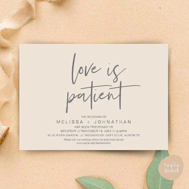 Invitación El amor es paciente, cambia nuestra nueva fecha Bo (Minimalist, Love is patient, Romantic Wedding Change the new date card PDF in Cream Grey)