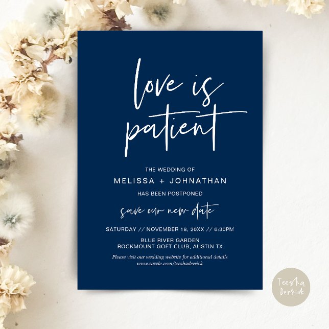 Invitación El amor es paciente, cambiar nueva fecha de Boda (Minimalist, Love is patient, Romantic Wedding Change the new date card PDF in navy Blue)