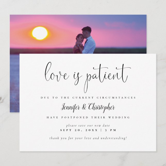 Invitación El Amor Es Paciente Foto de Bodas Pospuestas (Anverso / Reverso)