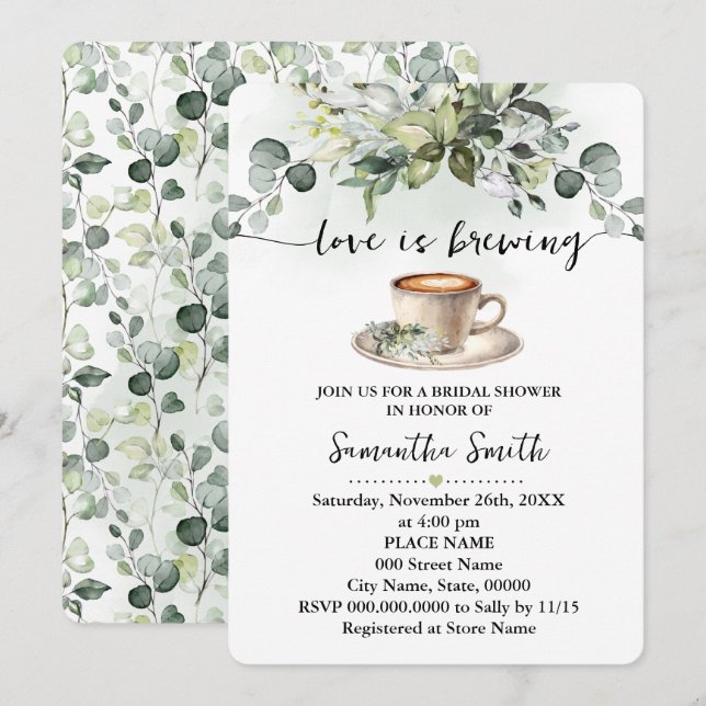 Invitación El amor es preparar café de ducha de novia Eucalyp (Anverso / Reverso)