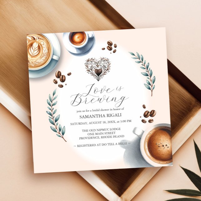 Invitación El amor es preparar café, ducha de novia (love is brewing coffee bridal shower invitations with a watercolor theme and brown heart.)