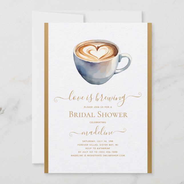 Invitación El amor es preparar café, ducha de novias doradas (Anverso)