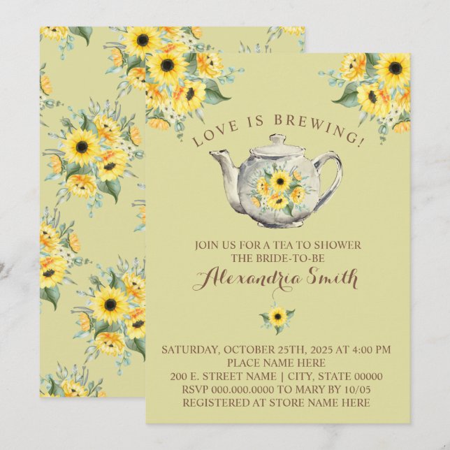 Invitación El amor es preparar té para las novias con girasol (Anverso / Reverso)