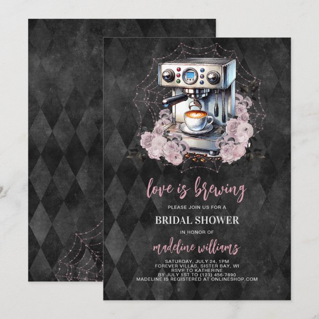 Invitación El amor es producir café gótico Ducha de novias (Anverso / Reverso)