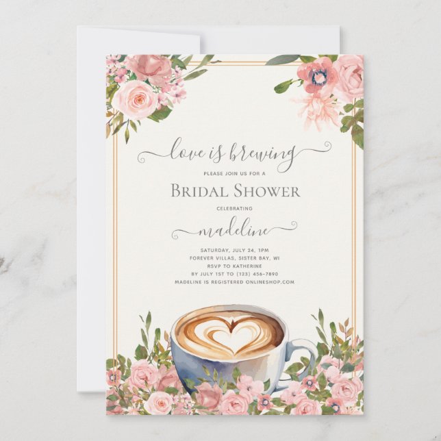 Invitación El amor es producir café Rosas ducha de novias (Anverso)